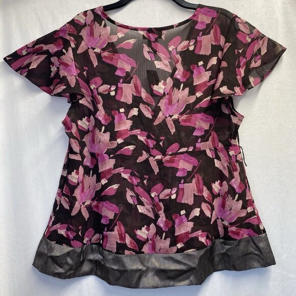 Lane Bryant Sheer V-Neck Short Flutter Sleeve Blouse Women Sz 14/16 Brown Floral - Picture 4 of 13